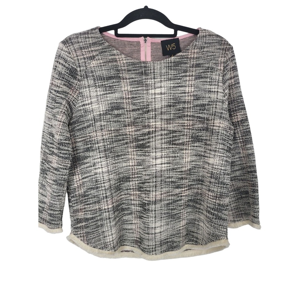 W5 Blouse Small Womens Black White Long Sleeve Crew Neck Back Zipper Top